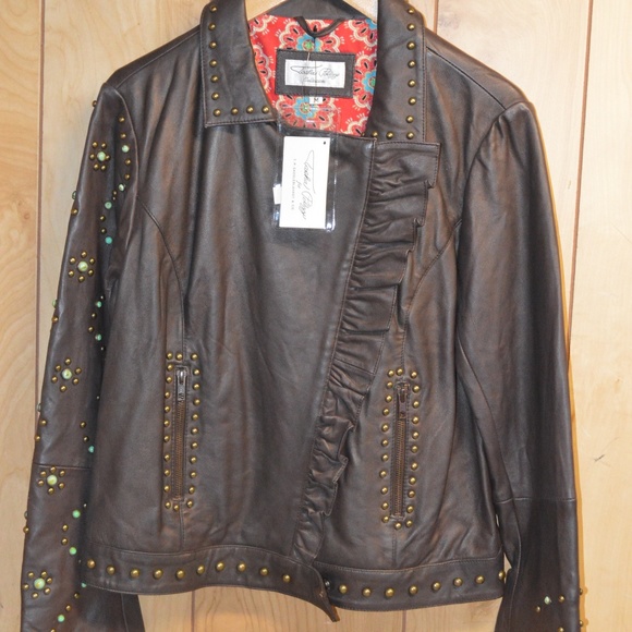 Tasha Polizzi Leather Jacket Turquoise Studs M - Picture 2 of 7